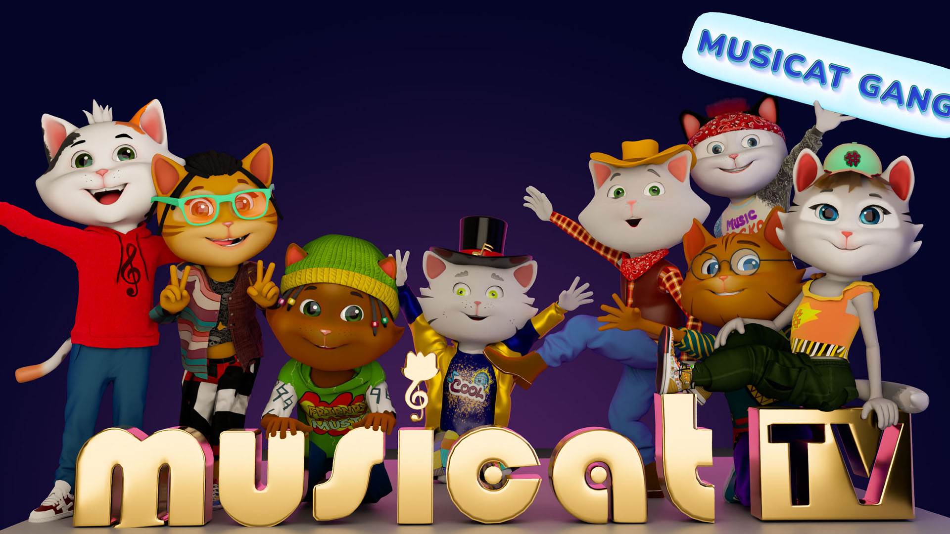 The colorful Musicat TV cast gathered together