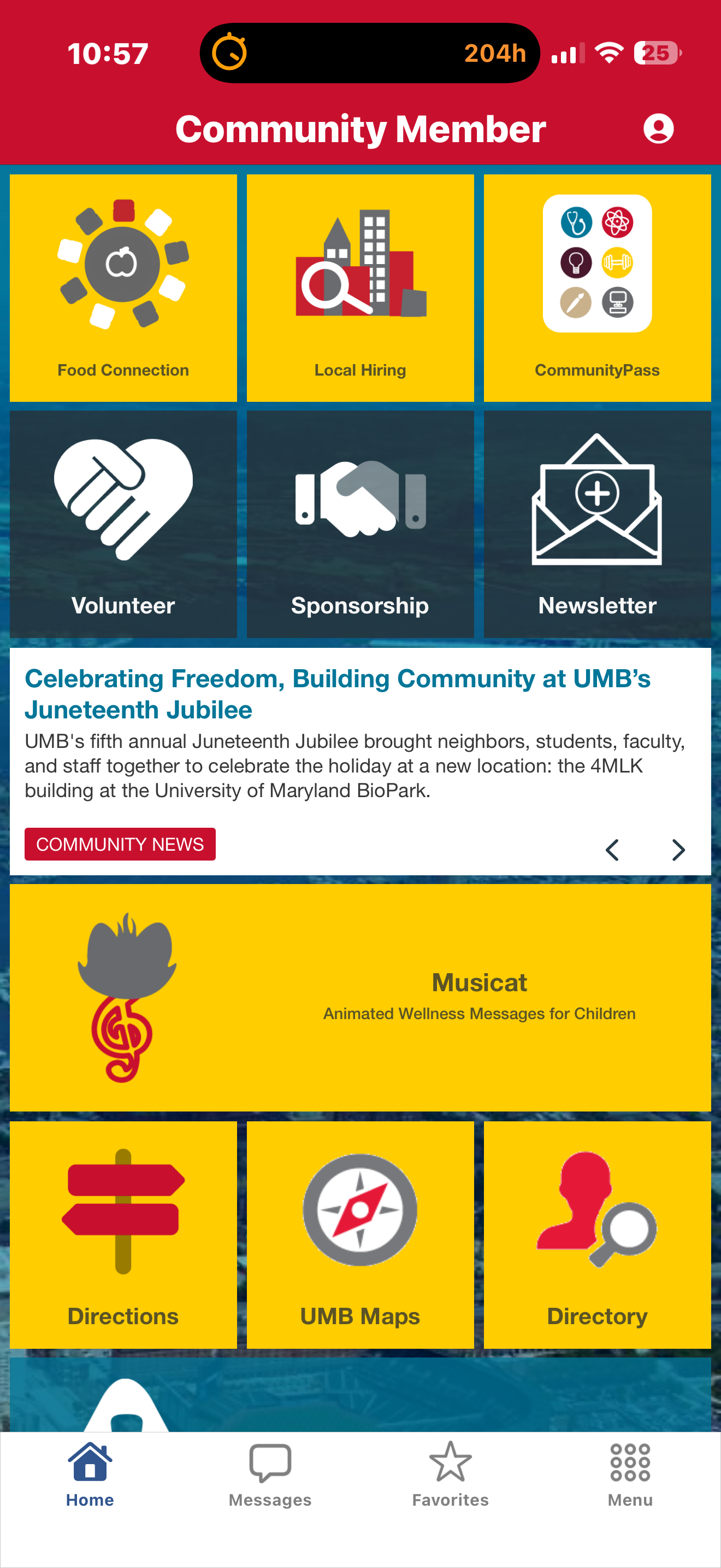 UMB Community Member app home screen featuring Musicat wellness content
